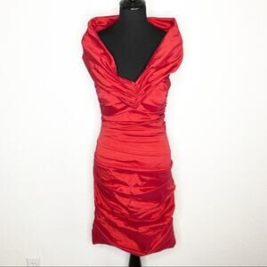 Theia red rutched shoulder wrap formal sheath dress size 6
